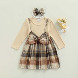 Little Girl Casual Long Sleeve Bow Dress Fashion Plaid Stitching Fake Two Headband Dresses Girls Spring Autumn Dresses G1026