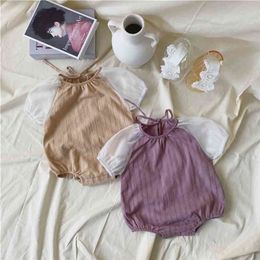 Summer contrast Colour Bodysuit girl baby sleeve hair belt s clothes onesie 210702