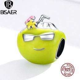 BISAER Coconut Drinks & Sunglasses Beads 925 Sterling Silver Green Enamel Charms Fit Bracelet Necklace Summer Jewelry ECC1528 Q0531