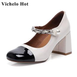 Dress Shoes Vichelo Spring Pearl Lovely Round Toe Mixed Colors Thick High Heels Sheep Patent Leather Chains Light Grey Color Pumps L36