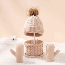 3pcs Winter Soft Baby Hat Scarf Gloves Set Cartoon Big Pompom Newborn Bonnet Outdoor Warm Kids Infant Neckchief Mittens