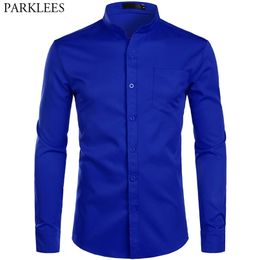 Men's Royal Blue Dress Shirts Brand Banded Mandarin Collar Male Long Sleeve Casual Button Down with Pocket 2XL 210809