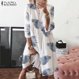 Plus Size 2021 ZANZEA DrWomen Autumn Summer Vestidos 3/4 Sleeve Printed Dresses Beach Ladies Midi Shirt Kaftan X0529