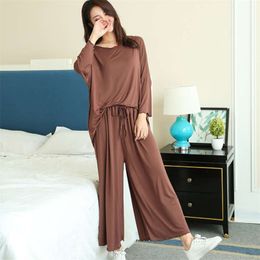 PLUS size home suits women autumn loose long-sleeved Pyjamas two-piece set nine-point wide leg pants pijama sleepwear femme 210928