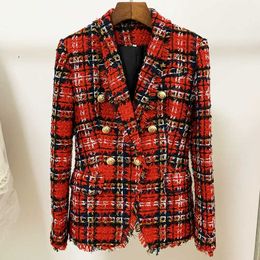 Red Plaid T Blazer Women 2021 Autumn Winter New Long Sleeve Double Breasted Gold Button Shawl Collar Woolen Blazers Jackets X0721