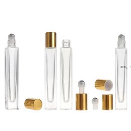 NEWnew 10ml Empty Pen Square Clear Glass Roll on Bottle with gold cap stainless steel roller ball for Essential oil Perfume LLF12862