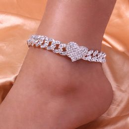 StoneFans Cuban Link Heart Anklet Chunky for Women Wholesale Bracelets Chain Crystal Miami Hiphop Fashion Anklets Jewellery 2021