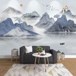 Tapeten Chinesischer Stil 3D Atmosphärische Landschaft Goldener Hintergrund Wand Zen Papier Tinte Wandmalerei