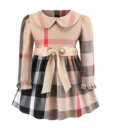 Cute Baby Girls Princess Dress Spring Autumn Kids Plaid Long Sleeve Dresses Turn-Down Collar Girl Skirts Children Clothing