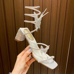Rhinestone Snake-shaped Winding Women's Sandals Summer Mid-heel Women's High Heels Bow Thick-heel Roman Crystal Women's Shoes Y0721