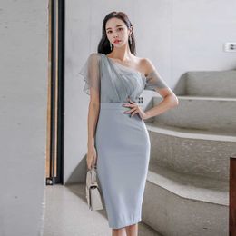 Summer Korean Fashion Mesh Dresses Women Sleeveless Office Lady Bodycon Plus Size Blue Sheath Vintage 210531