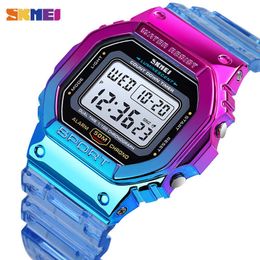 SKMEI Fashion Cool Girls Watches Electroplated Case Transparent Strap Lady Women Digital Wristwatch Shockproof reloj mujer 1622 210616