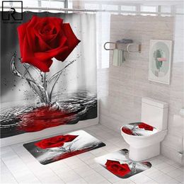 Blue Red Pink Rose Print Shower Curtain with Hooks, Bathroom Mat Set Anti-slip Soft Bath Carpet Lover Valentines Home Decoration 211023