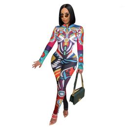Aeshetic Pattern Print Harajuku Pencil Overall Woman High Necked Full Sleeve Party Club Romper Activewear Girls Bandag Catsuits Women's Jump
