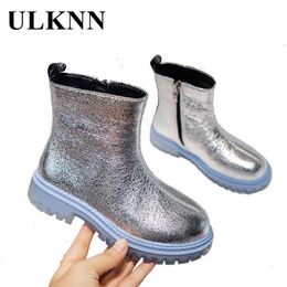 Martin Boots For Girls Winter Single Silver Flat Children Students Short Baby Black Shoes Fashion Antiskid 211227