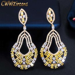 Gold Colour Yellow Cubic Zirconia Stone Long Dangle Drop Big Vintage Ethnic Women Wedding Party Earrings Jewellery CZ695 210714