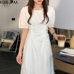 Korejpaa Women Dress Summer Korean Chic French Temperament Round Neck Pleated Drawstring Waist Slimming Puff Sleeve Vestido 210526