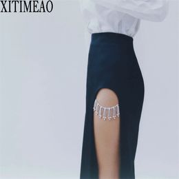 ZA Spring Vintage Skirt Women High Waist Package Hip Pencilskirt Diamond Decoration Front Split Skirts 210629