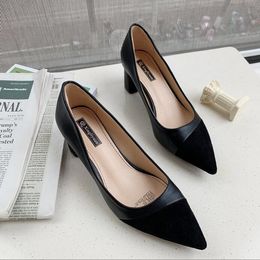 2022 women's shoes spring new Korean version stitching pointed toe high heels thick heel shallow mouth single shoes fashion work wholesale three