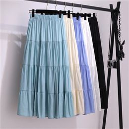 Summer Cotton Skirt Women High Waisted Long Skirt Femme Casual Solid A-line Skirts Women Jupe Femme Green Skirts 210309