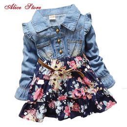 Girls Polka Dot cartoon princess dress Denim floral dress summer dresses Lace Flowers Long Sleeve Kids Q0716