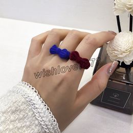 Korean Style Blue Velvet Ring for Women Girls Vintage Flocking Wine Red Bow Open Rings Bague Accessories Jewelry Gift