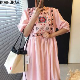 Korejpaa Women Dress Summer Korean Retro Ethnic Round Neck Embroidered Pleated High Waist Loose Striped Puff Sleeve Vestido 210526