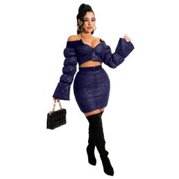 Womens Lantern Sleeve Tracksuits Fashion Trend Off Shoulder Coats And Short Skirt Suits Designer Female Zipper Thick Leather Two Piece Sets