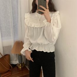 Retro Fashion Stand Women Chic Shirt Korean Ruffles Vintage Loose High Quality All Match Casual Tops Blouses 210525