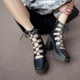 2021 Roman Buckle Strap Shoes Women Pumps Sexy Gladiator Lace Up Square Toe Sandals High Heels 9cm Woman Ankle Boots Black Brown