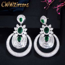 Luxury Shiny Full Cubic Zirconia Pave Green Round Big Long Wedding Earrings for Women Party Engagement Jewellery CZ708 210714