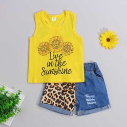 Pudcoco 0-24m 2pcs Summer Baby Girls Boys Sleeveless Letter Sunflower Print Vest Tops+leopard Ripped Shorts Jeans Outfit Sets G1023