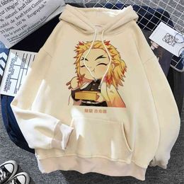 Demon Slayer Anime Harajuku Hoodies Women Rengoku Kyoujurou Aesthetic Clothes Kimetsu No Yaiba Mugen Train Sweatshirt 210805