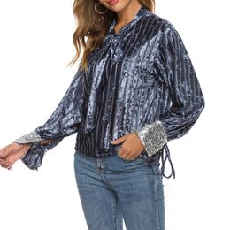 Blue Velvet Blouse for Women with Sequin Plus Size Design Bowtie Office Ladies Long Sleeve Work Shirts Tops Spring Winter 210527