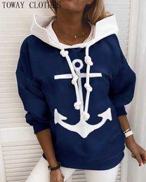 Women Boat Anchor Print Outwear Sweatshirt Female Casual Long Sleeve Hoodies Ladies Streetwear Outwear Pullovers X0721