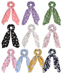 Girls Silk Scarf Hair Scrunchie Children Flower Ribbon Large Intestine Headband Kids Printing Daisy Hair Rope Elastic Hair Accessories C6931