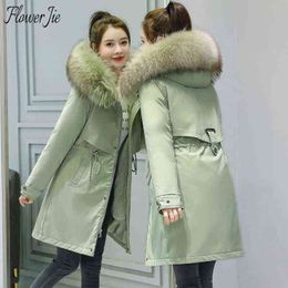 Flower Jie Plus Size M-6XL Long Parka Woman Hooded Fur Warm Down Cotton Winter Jacket Women Slim Black Casual Coat Female 211130
