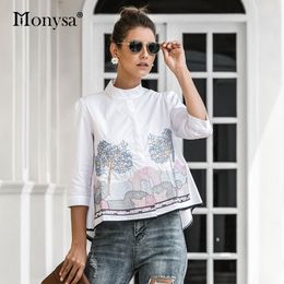 Embroidery Shirt Women Summer Autumn New Arrival Fashion 3/4 Sleeve Casual Blouses Ladies White Doll Shirt 210301