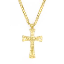 -Sólido 10k de oro amarillo llenado Jesús Amplio encanto cruzado Gran colgante 55 * 35 mm con una cadena cubana de 24 "MIAMI 600 * 5mm