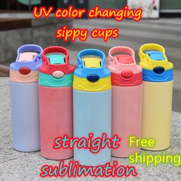 12oz straight kids cups UV Colour Changing Skinny Sublimation tumblers Kid 5 Colours Under Sunshine Mugs Blanks Stainless Steel Water Double Wall Insulated bottles