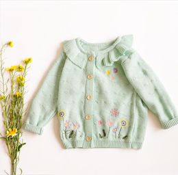 INS baby Girl Clothing Knitted Cardigan Long Sleeve Ruffles Collar Floral Design Green Sweater 100% cotton Top Winter Warm Clothes