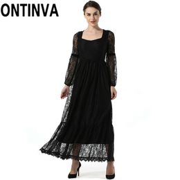 Long Lantern Sleeve Lace Dress Elegant Ladies Black Vintage Dresses for Dance Party Maxi Women Autumn Winter 210527