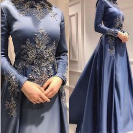 2022 Arabic Dubai Kaftan Navy Evening Dresses High Neck Long Sleeves Elegant Muslim Women Formal Occasion Gowns Appliques Lace Beaded A Line Prom Dress