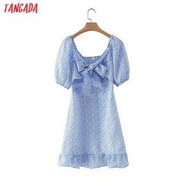 Tangada Summer Women Blue Flowers Print Bow Hollow Dress Puff Short Sleeve Ladies Sundress 2M50 210609