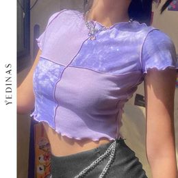 Yedinas Tie Dye Cropped Top Women Ruffle Frill Short Sleeve Y2k Tops Patchwork T-shirts Round Neck Casual Tees Party Summer 210527