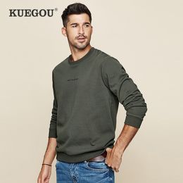 KUEGOU 100% Cotton men's hoodies fashion autumn pure Colour printed letters tide male sweatshirts top plus size Colour MW-2239 201114