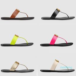 2021 designer slides Women flip flops Leather Women sandal with Double Metal Black White Brown slippers Summer Beach Sandals 8ff5