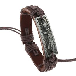 Tennis Retro Brown Tone Manual Braided Bracelets Rectangle Rose Charm Genuine Leather Wristbands For Women Men Jewelry Accessories