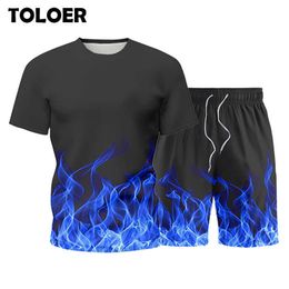 Summer Tracksuit Men 2021 Casual Men's Set Flame T-Shirt + Print Beach Shorts Shirts Short Pants Male 2 Piece Suit Plus Size 5XL X0610