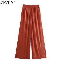 Zevity Women Fashion Solid Colour Pleats Wide Leg Pants Female Chic Elastic Waist Side Pockets Casual Summer Long Trousers P1142 210925